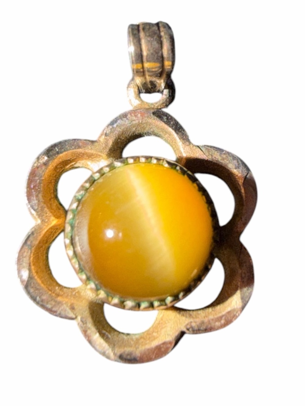 Yellow Cat's Eye Flower Pendant Necklace Gold Filled